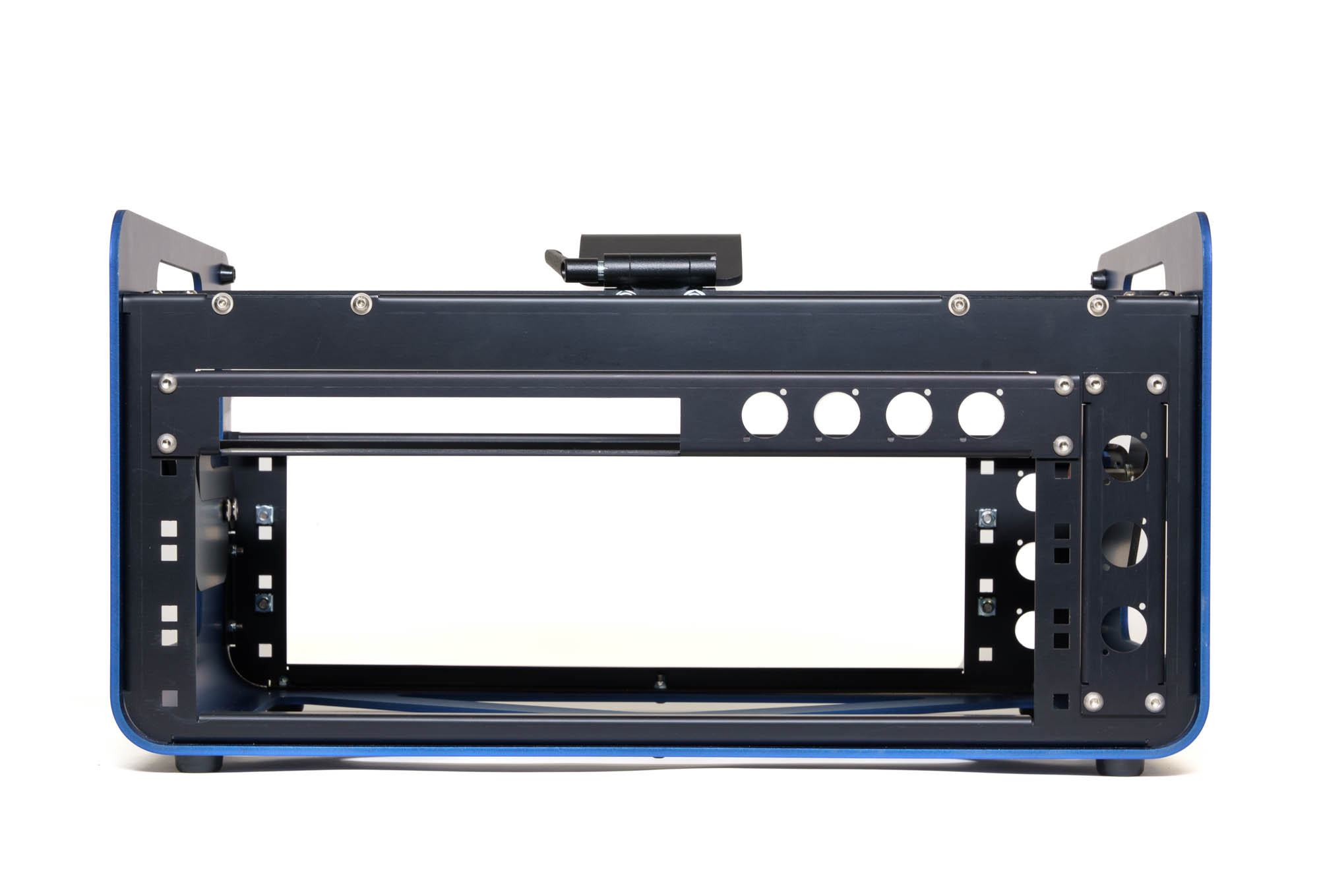 Backside: 7 Pre-punched holes support standard panel/chassis mount connectors (ie: XLR, Neutrik D-Series, Speakon, etc. like HDMI, XLR, USB or Ethernet. The smaller rectangular opening is for a switch and/or Router.